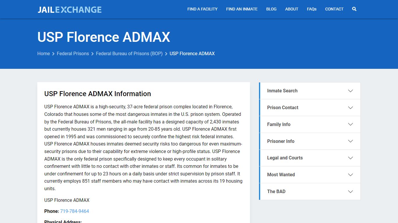 Federal Inmate Search - USP Florence ADMAX - Jail Exchange